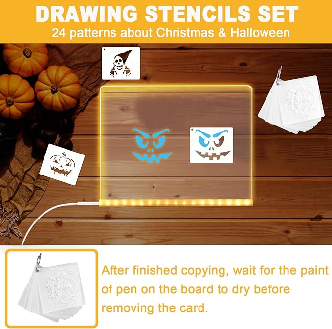 Lumiboard LED Drawing Board, Light Up Acrylic Dry Erase Board 7.9x7.9” with Stand, LED Note Board with Colors, Glow Memo Message Writing Board with Light, Drawing Stencils Set Included