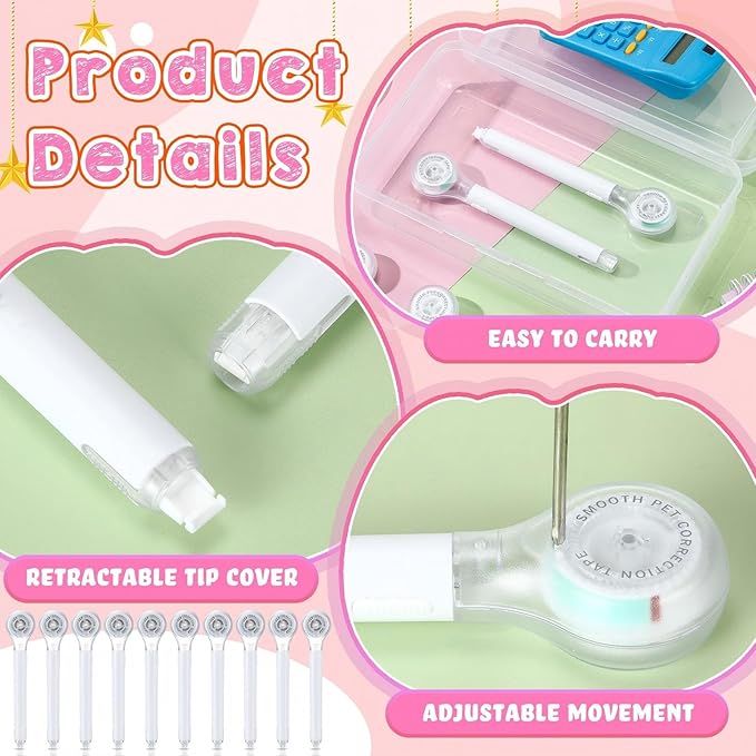 Gersoniel 10 Pack Correction Tape Pen Correctional Ink Tape Push Pull Protective, Easy to Use Applicator for School Office Supplies, 0.2 x 236 Inch (White Color)
