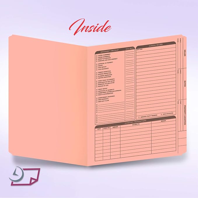 Real Estate Listing Folder - Right Panel List, Pre-Printed on Durable Card Stock with Closing Checklist and Color-Coded Dots for Organizing (Pink, Letter Size | Pack of 25)