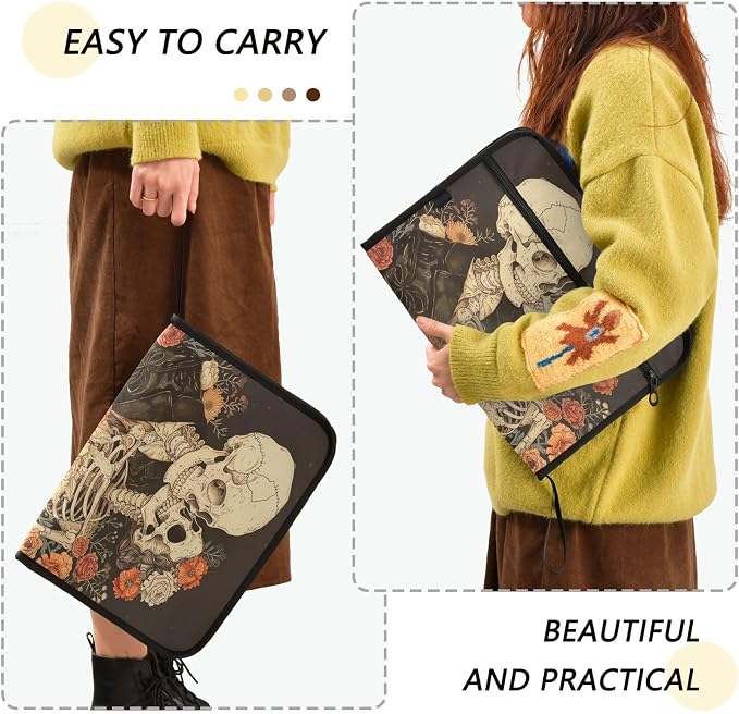 ALAZA Romantic Skeletons and Flowers Expanding Filing Folder, 13 Pockets Expandable Document Organizer Folder with Zipper Closure for Home Office A4 Letter Size Paper Document