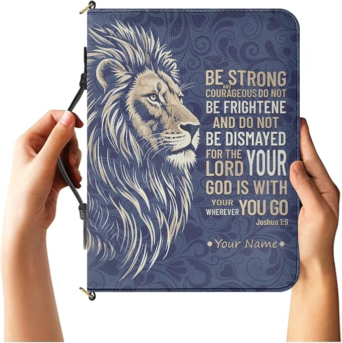 Personalized Bible Cover with Name, Custom Bible Case with Strap and Handle, Lion Print Joshua 1:9 Book Carrier with Inner Pockets and Pen Loop, Biblia Accessories Women, Medium(4 Colors)