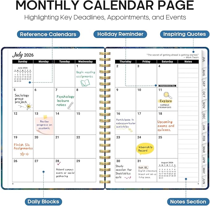 2026–2027 Academic Planner Book, Weekly and Monthly Layout, July 2026 to June 2027, Hardcover Agenda with Tabs, A5 (6.3" x 8.5"), School and Office Supplies - Starlit Peaks