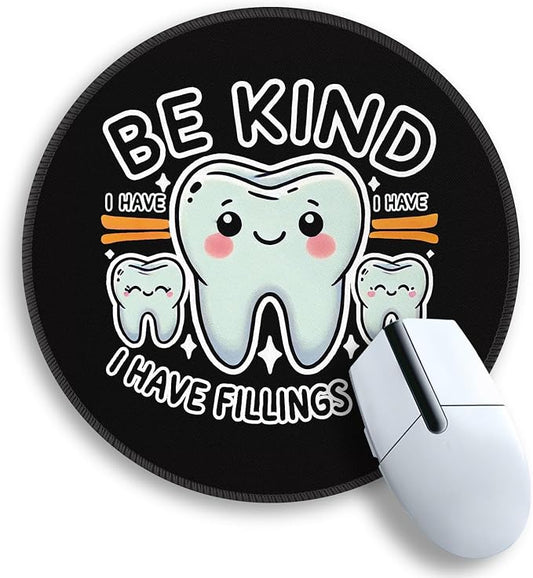 Gctriki Dental Tooth Round Mouse Pad with Stitched Edge Non-Slip Rubber Base, Black Mouse Pad for Gaming Laptop Computer, Cute Home Office Desk Accessories Decor, Be Kind I Have Fillings Too