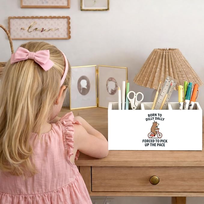 Born to Dilly Dally Bear Wooden Desk Organizer, Cute Bear on Bicycle Pen Pencil Holder with 3 Compartments, Decorative Office Supply Storage Box for Desk, Home, Office, Gift for Kids & Adults