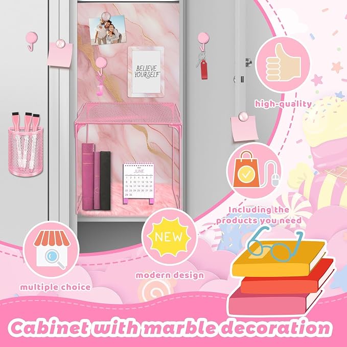 Pink Locker Accessories Kit Locker Organizer Magnetic Mirror Whiteboard Pen Holder Small Carpet for Storage Organizing Shelf Back to School Party Supply