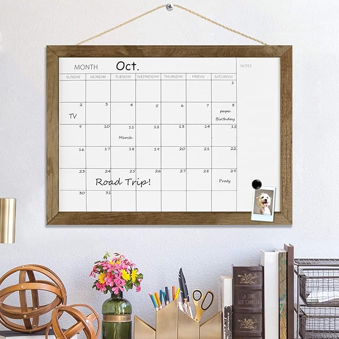 TORASO Dry Erase Monthly Calendar Board, Solid Pine Wood Frame Magnetic Whiteboard for Wall, Office/School/Home, Hanging Board 10.5"x 14.5"(YL-RB-2737-A)