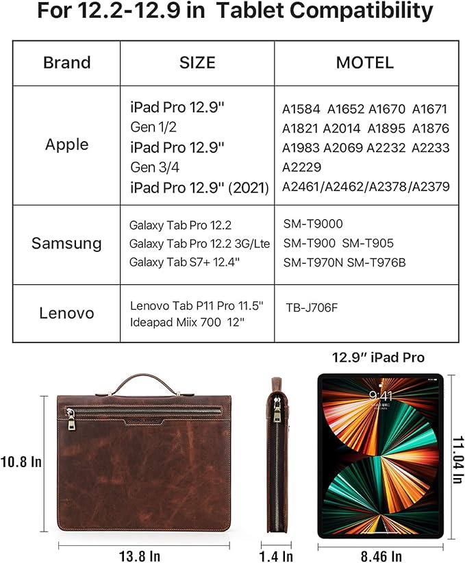Top Grain Leather 12.9" Strap Large Portfolio, Handmade Retro Design, Large Capacity Multi-Functional Business Zip Padfolio, Holder for Cards/Tablet/Phone/AirTag/A4 Doc, Red Coffee 12.9 Inch