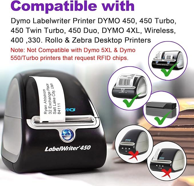 Compatible 1-1/8" x 3-1/2" Direct Thermal Labels for DYMO 30252 – 24 Rolls, 8400Pcs – Address, Barcode & Postage Labels for DYMO 450, 4XL, Rollo, Zebra Desktop Printers