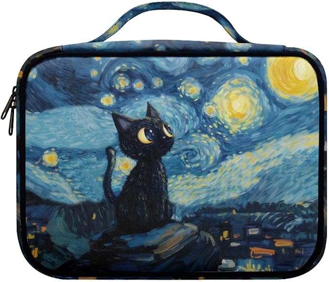 Black Cat Starry Night Print Bible Covers for Women & Men, Bible Organizer Carrying Case with Zippered Pocket Bible Protective Bag