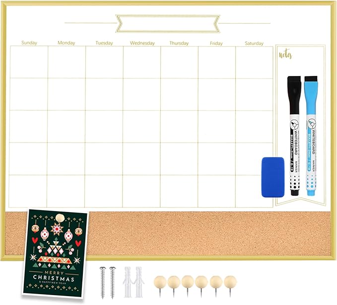 Whiteboard Calendar & Corkboard, 17" x 13" Dry Erase White Board & Bulletin Board, Gold Aluminum Frame Calendar/Cork Combo Board(ZHYL-Gold-3343-B+1)