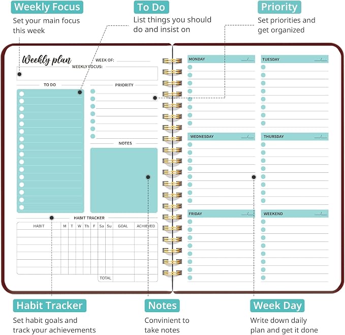Taja Undated Weekly Planner, Weekly To Do List Notebook with Goal & Habit Tracker Organizer, A5 Weekly Planner Notebook with Spiral Binding, 6.1" x 8.2" - Burgundy