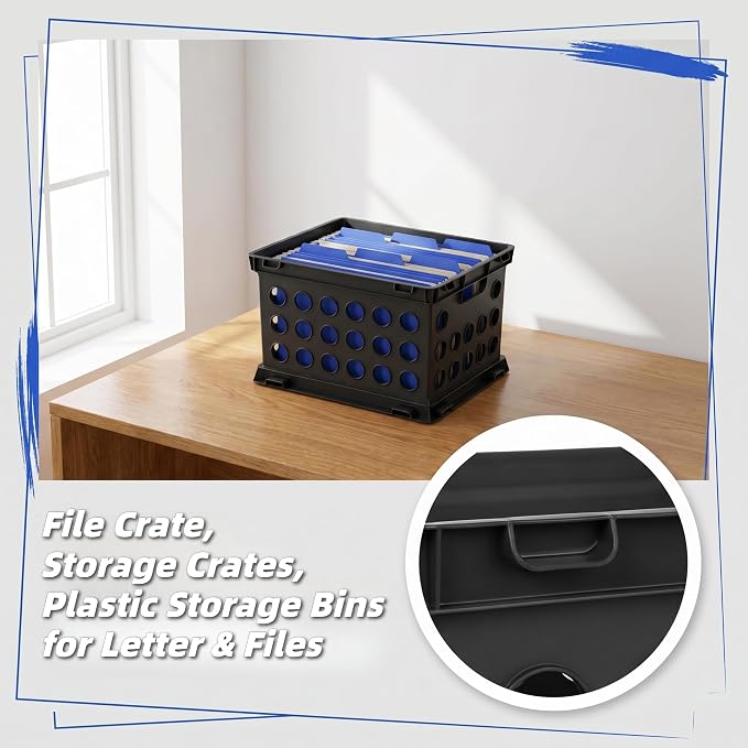 6-Pack File Crate, Storage Crates, Plastic Storage Bins for Letter & Files, Stackable Organizer Box with Handles, Black File Organizer for Home Office & Garage, 17.25" L x 14.25" W