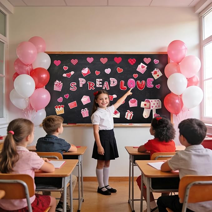 86Pcs Valentine's Day Bulletin Board Decoration Set Heart Paper Cutouts Spread Love God Valentine Day Decorations for Classroom Pink Red Heart Church School Home Chalkboard Wall Door Party Decor
