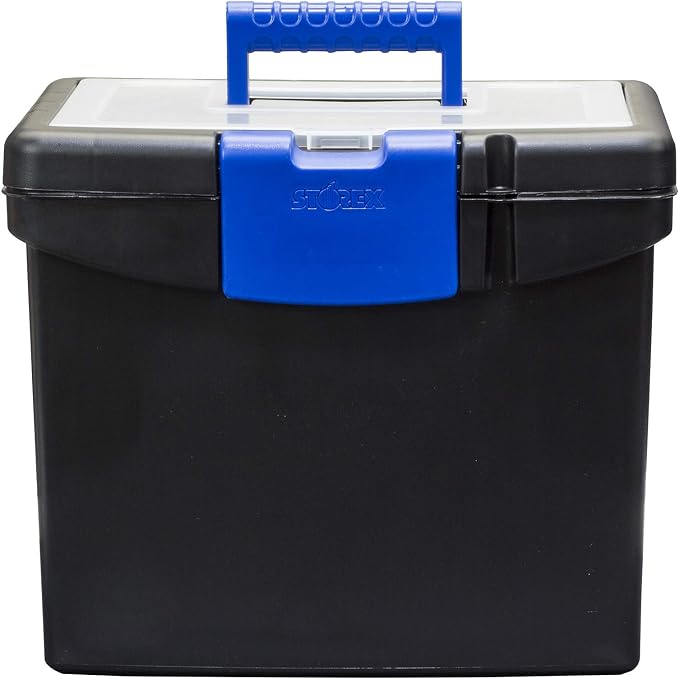 Storex Portable File Box with Organizer Lid – Plastic Office File Storage Box for Letter Paper and Hanging Folders, Black/Blue, 1-Count (61415B03C)