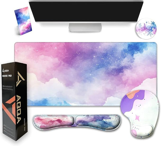 AQQA Colorful Star Large Mouse Pad Set, Pink Desk Mat for Desktop, Women Girls Purple Waterproof Desk Pad,Mouse Wrist Rest+Coaster Ergonomic Design for Home Office Computer 31.5x15.7Inches