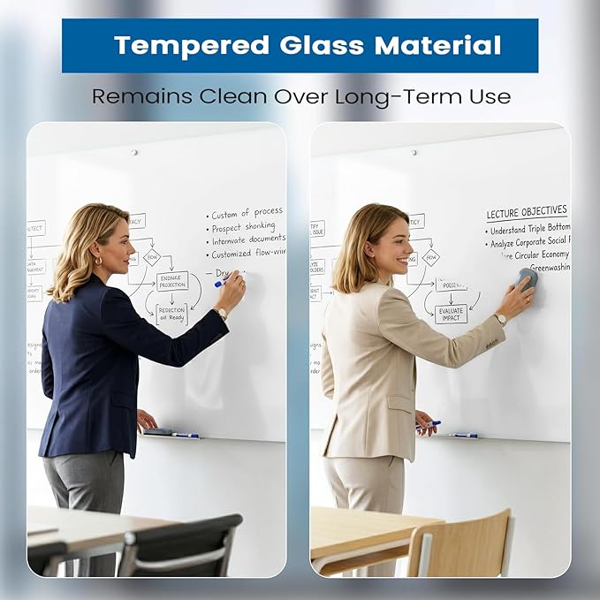 0.4mm Reinforced Metal Backing Glass White Board for Wall, 96" x 48" Extra Large Magnetic Pure White Tempered Glass Board with Frameless Design, 8' x 4' Dry Erase Board for Home, Office