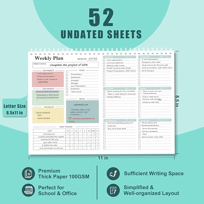 Ymumuda Weekly To Do List Notepad - Daily To Do List Undated 52 - Week Sheets, 8.5x11" Weekly Goal Notebook, Habit Tracker Journal, Excellent for Student School Work Personal Productivity Organizer