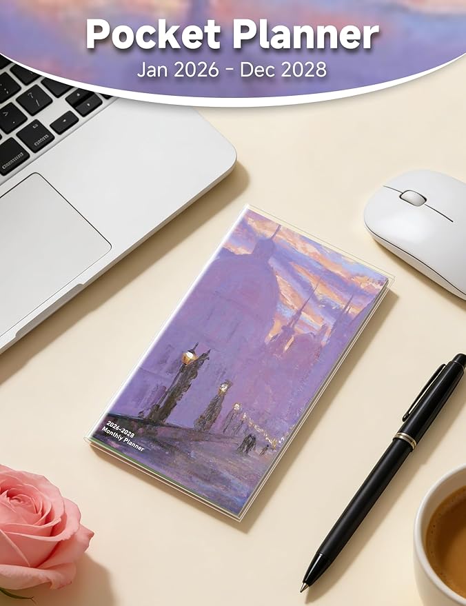 Pocket Calendar 2026-2028 Art Series, Monthly Planner Jan 2026 to Jul 2028 (3.7" x 6.7") Perfect Purse Calendar, Pocket Agenda with Protective Plastic Sleeve-Twilight Street
