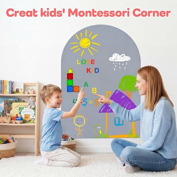 48x32 Magnetic Wall Decal Arch Shape -Black Chalkboard for Kids Playroom & Classroom Heavy Duty Magnetic Base for Building Tiles & Letters | Includes Liquid Chalks & Accessories (Grey)