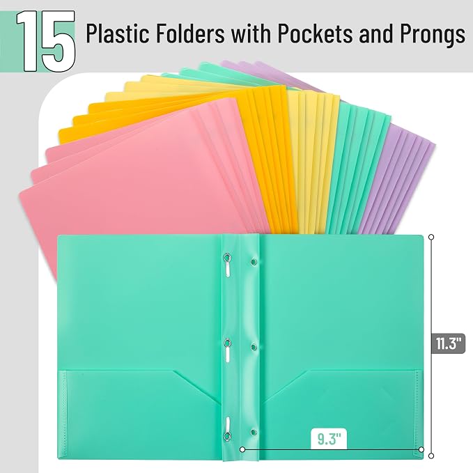 Mr. Pen- Plastic Folders with Pockets and Prongs, 15 Pack, Letter Size, Pastel Color, Flexible Plastic Folders with Prongs