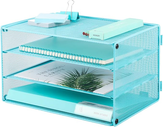 EASEPRES Paper Organizer Tray, 3 Tier Mesh Desk File Organizer Letter Sorter Holder for Home Office, Blue