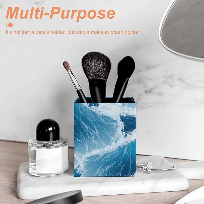 Pen Holder Square Leather Pencil, Holder Cup Makeup Brush Storage Organizer, Waterproof Multifunctional Office Supplies Blue Ocean Sea Wave