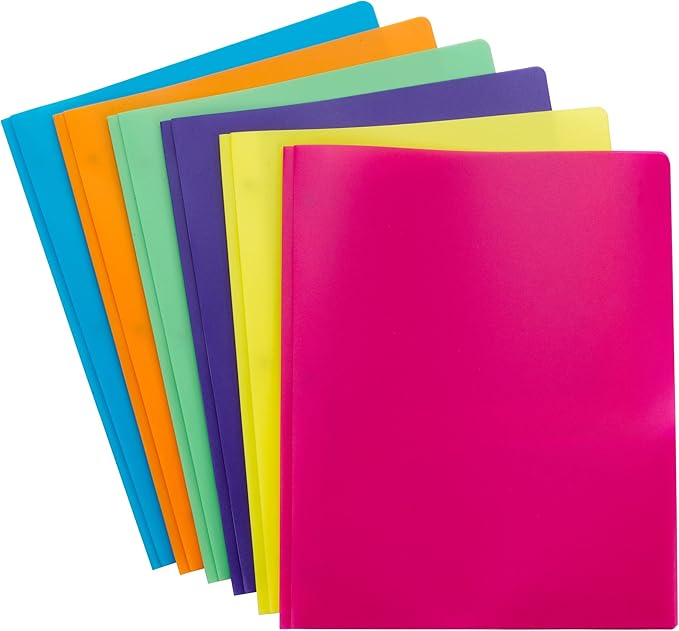 Smead Poly Two-Pocket Folder, Three-Hole Punch Prong Fasteners, Letter Size, Assorted Bright Colors, 6 Folders Total (87747)