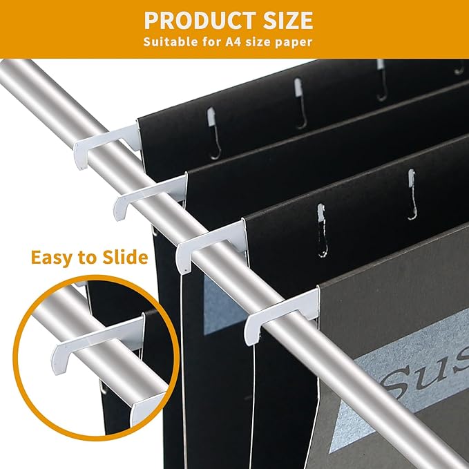 25 Pack Hanging File Folder, A4 Suspension Files Holder, Filing Cabinet Suspension File with Tab and Label for School Home Office, Black