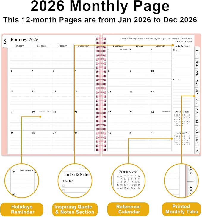 2026 Planner - Weekly and Monthly Planner from Jan 2026 - Dec 2026, Spiral Planning 2026 with 12-Month Tabs, Inner Pocket, 8.5" x 11", Pink