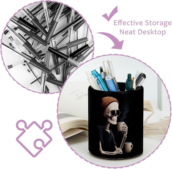 Cool Skeleton Drinking Coffee Pen Holder Pencil Organizer Cute Pencil Cup Desk Decor Makeup Brush Holder PU Multifunctional Office Supplies for Home Classroom School