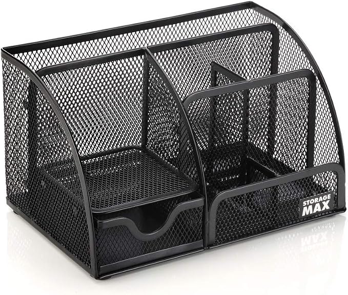 Desk Organizer with Drawer, Desktop Wire Mesh Sorter with 6 Compartments for Pens, Pencils and Letters. Black