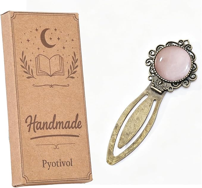 Vintage Rose Quartz Bookmark with Natural Crystal Stone - Fantasy Brass Metal Bookmarks for Reading Women, Men, Book Lovers, Girls and Teachers Book Marks(Rose Quartz)