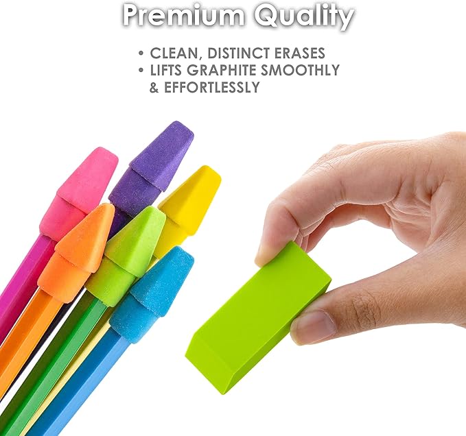 BAZIC Products Erasers + Pencil Top Erasers Set (12/Pack), Block Bevel Erasers Neon Color, Arrowhead Caps Tops, Latex Free, for Art Drawing School, 24-Packs