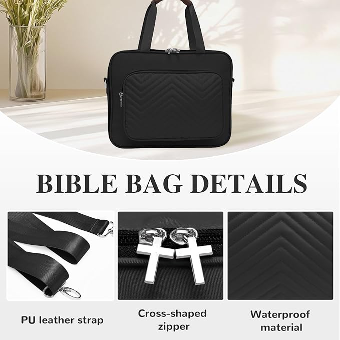 Waterproof Bible Cover Case for Women,Quilted Bible Case with Leather Handle and Bible Study Kit Includes 5 Pens, 12 Highlighters, 72 Tabs,Bible Journaling Supplies (Black)