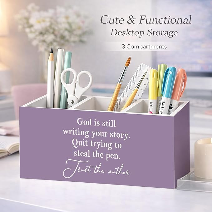 God is Still Writing Your Story Pen Holder | Inspirational Desk Organizer, Wooden 3-Compartment Pencil Caddy for Office, Home, Classroom
