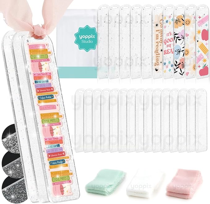 YOPPIX 30 Pieces Acrylic Glitter Bookmark - 3mm ThickClear Acrylic Bookmarks Kit with 30 Pcs Ribbon for Reading Lovers DIY Crafts Hanging Tag Gift Tag Price Tags, Graduation Back to School Presents