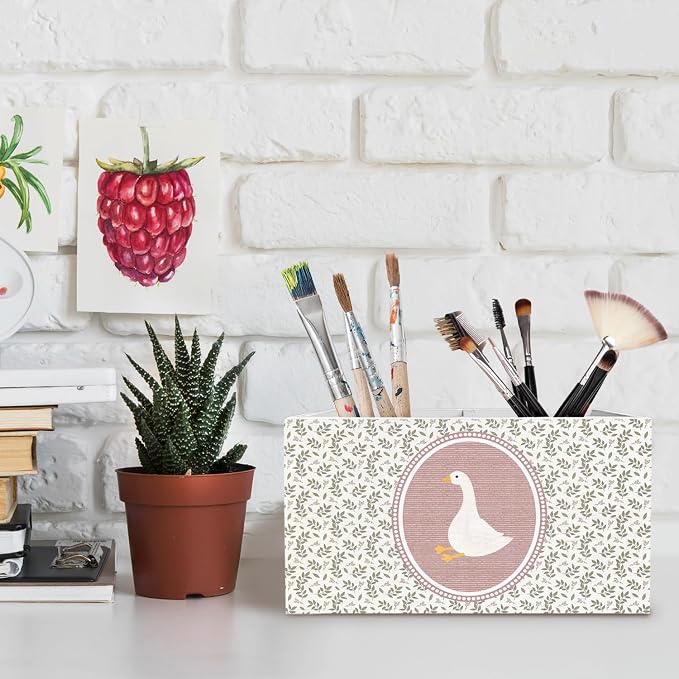 Goose Nursery Decor, Cottagecore Botanical Funny Goose Pen Pencil Holder for Desk, Geese Lover Gifts Wooden Box Sign Desk Decor for Kids Girls Room Nursery Playroom Decoration