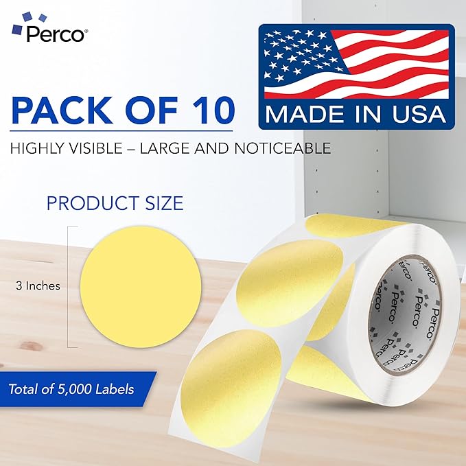 Perco Metallic Gold 3-Inch Perforated Circle Dot Sticker Labels—10 Rolls, 5,000 Round Stickers — with Permanent Adhesive for Award Seals, Event Marking, Packaging Accents, Gift Wrapping—Made in USA