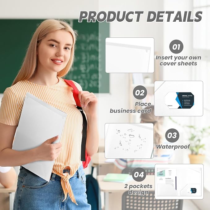 Henoyso 18 Pack White Plastic Folders with Clear Front Pockets Heavy Duty File Folders with 2 Pockets and Card Slot for Student Communication School Office Presentation Report