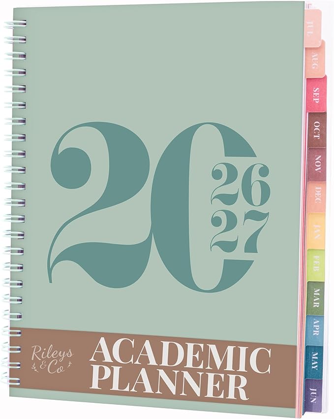 Rileys Academic Planner 2026-2027, Daily, Weekly & Monthly Planner, July 2026 - June 2027, Student Notes Pages, Twin-Wire Binding, Weekly Agenda for School & Work (8 x 6-Inches, Typographic, Green)