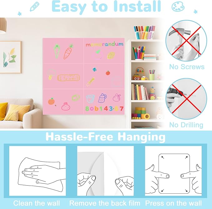 Magnetic Wall Decal for Kids Pink Set of 6 Peel and Stick Magnetic Chalkboard for Wall Self Adhesive Magnet Decal Wall with Chalk Tangram Puzzle Wall Magnetic Board for Playroom Office