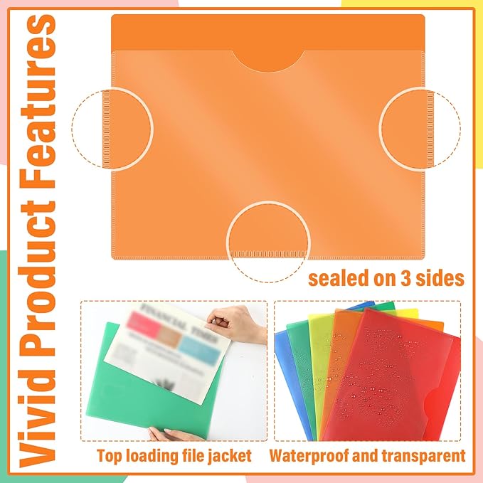Kisston 50 Pack Heavy Duty Vinyl Plastic Folders with Clear Front Pocket File Jackets, Three Sided Closed, Letter Size Plastic Folders for Documents, 11.75 x 9.25 Inch (5 Colors)
