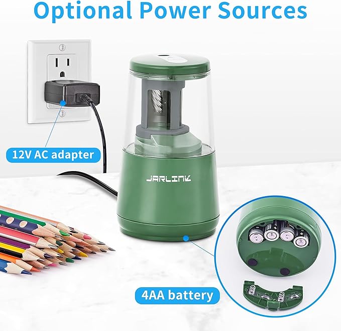 JARLINK Electric Pencil Sharpener, Heavy-Duty Helical Blade to Fast Sharpen, Auto Stop for No.2/Colored Pencils(6-8mm), AC Adapter/Battery Operated in School Classroom/Office/Home (Green)