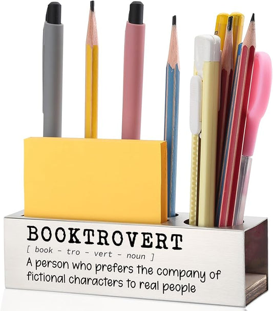 Booktrovert Desk Pencil Holder Appreciation Gift for Book Lovers Inspirational Office Decor for Readers Unique Pen Holder for Bookworms EDP92