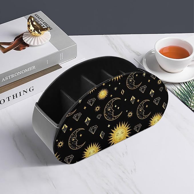 Sun Moon Star Gold Black Remote Control Holder with 5 Compartments, TV Remote Caddy Store Box Multi-functional Desktop Organizer Home&Office Accessories