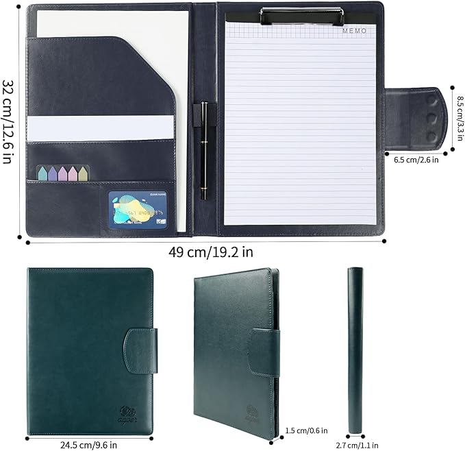 A4 Leather Padfolio Portfolio Organizer Binder,A4 Business Interview Legal Document Folder with Magnetic Closure Cover,Resume Folder with Luxury Papers,Sticky Tabs,Pen for Men Women(Navy Blue)