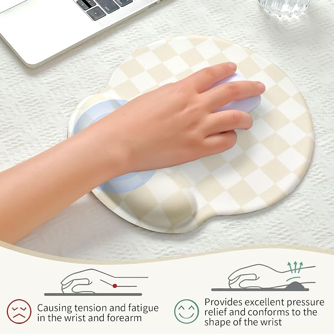 Retro Checkered Mouse Pad with Support Wrist Rest,Cute Funny Boho Ergonomic Mouse Pad with Non-Slip Base for Office Gaming Working Computers,Desk Accessories Pain Relief,Beige