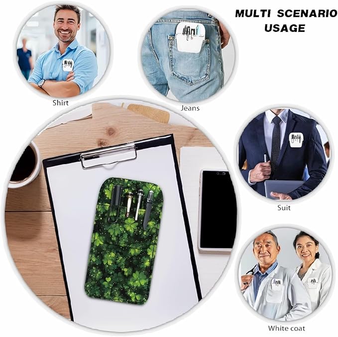 chaqlin St. Patrick Leaves Print Leather Pocket Protector for Men Women Shirt Lab Coats Pants, Pen Pouch Holder Organizer Pocket Protectors for Pens and Pencils School Office Hospital