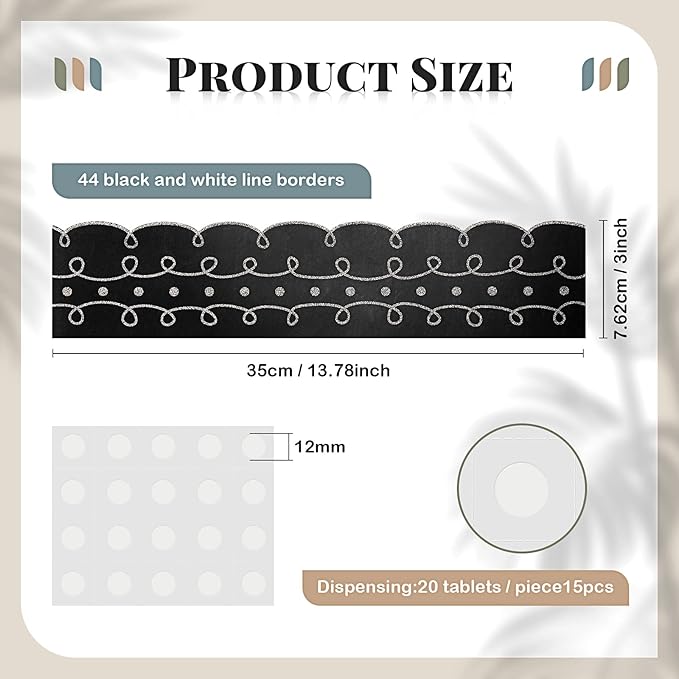 Leinuosen 50.5 ft Bulletin Board Border 44 Pcs Squiggles and Dots Die Cut Border Trims with 20 Sheet Glue Point Dots Bulletin Back to School Decoration for Classroom School Office(Black with White)