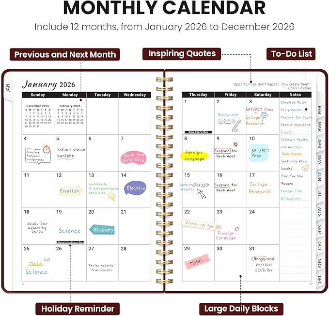 2026 Planner - Weekly and Monthly Planner, January 2026 to December 2026, Spiral Bound 2026 Calendar Planner Book, Inner Pocket, Perfect for Office Home School Supplies - A5 (6.3" x 8.5"), Burgundy